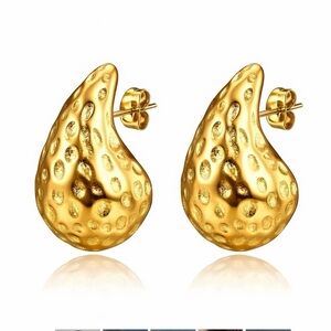 Elegant Gold Textured Earrings TEARDROPS" EARRINGS, 18K GOLD PLATED STEEL